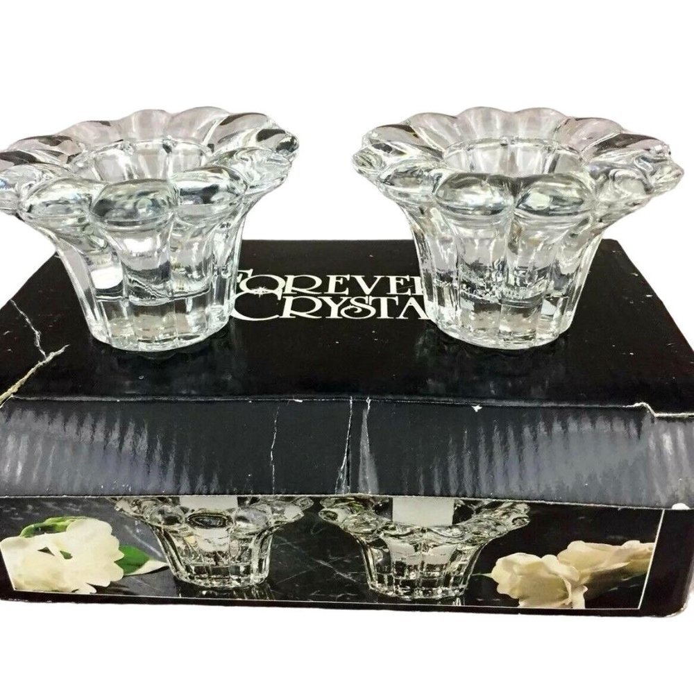 VTG 80s 90s Forever Crystal Candle Votive Holders Set Of 2 Clear Glass Retro‎